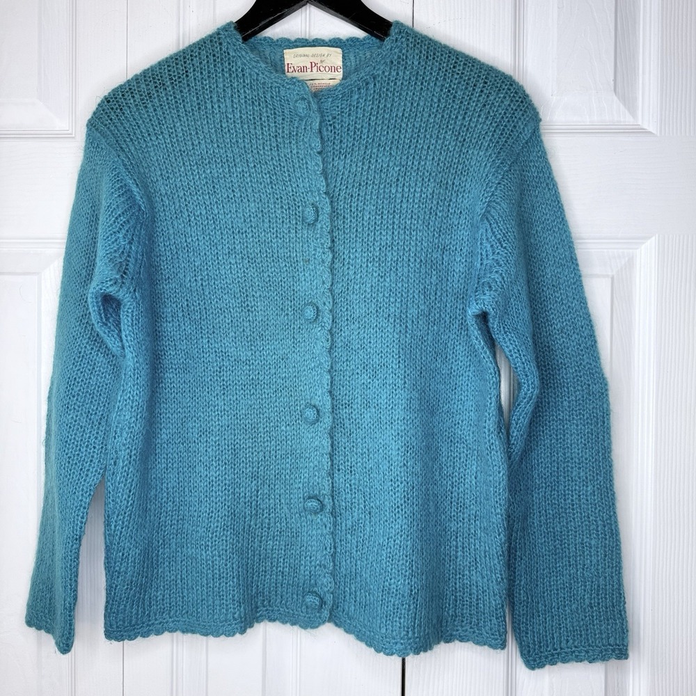 VTG Evan Picone Mohair Wool Cardigan Sweater Womens 40 Aqua Blue Hong Kong 60s